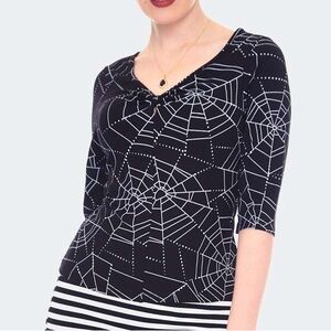 Voodoo Vixen women’s retro white/black spiderweb stretch jersey 3/4 sleeve top